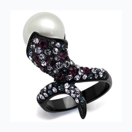 IP Black Stainless Steel Fashion Ring w/ Synthetic White Pearl & Multi Color Crystals - SIZE 5