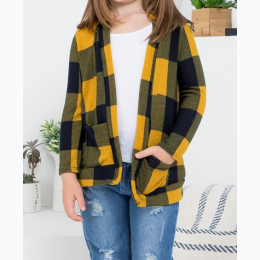 Toddler Girl's Plaid Open Front Cardigan - Mustard/Navy Plaid
