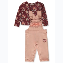 Infant Girl Floral & Embroidered Heart Terry Overall Set in Blush