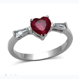 Center Heart AAA Grade Ruby CZ High Polished Stainless Steel Ring w/ Clear CZ Baguettes