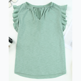 Women's Casual Solid V Neck Butterfly Sleeve Blouse in Green