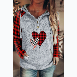Red Plaid Hearts Print Color Block Buttons Long Sleeve Hoodie