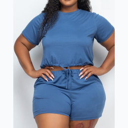 Plus Size Front Tied Crop Top and Shorts Sets - 2 Color Options