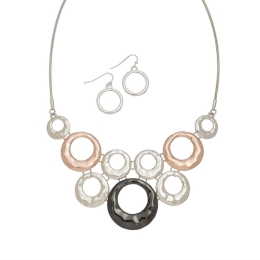 Mixed Metal Hammered Circles Necklace & Earring Set