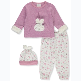 Infant Girl Sherpa Trimmed Plush Bunny & Floral Layette Set