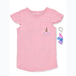 Girl's Flutter Sleeve Graphic Back Unicorn Pocket Tee w/ Pop it Keychain in Pink