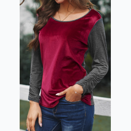Women's Red Round Neck Color Block Velvet Pleated Long Sleeve Top