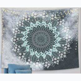 Multi-Teal Brushed Cloth Floral Leaf Mandala Tapestry w/ Hanging Hardware