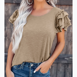 Women's Brown Solid Color Ruffle Sleeve Short Sleeve Top