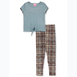 Girl's Embroidered Smiley Face Top & Plaid Legging Set in Blue & Brown