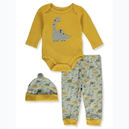 Newborn Boy 3pc Fuzzy Dino Waffle Weave Top & Print Pant Set w/ Beanie