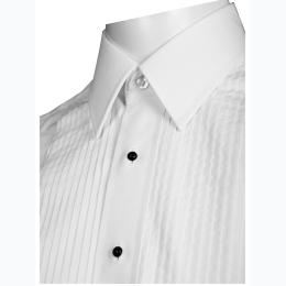 Men's Omega Pleat Front Dress Shirt in White w/ Black Buttons