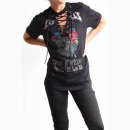 Women's Floral Rock-N-World Lace Up Tee in Black