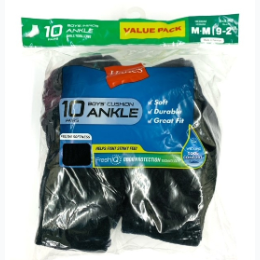 Boys Hanes Ankle Socks 10 Pack Shoe Size 9-2.5 - Black