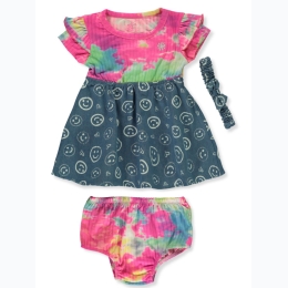 Infant Girl 3pc Tie Dye & Smiley Face Printed Chambray Dress w/ Headband