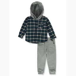 Toddler Boy DKNY Hooded Flannel Jogger Set in Blue & Grey