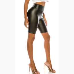 Junior's Faux Leather High Waisted Short Leggings in Black
