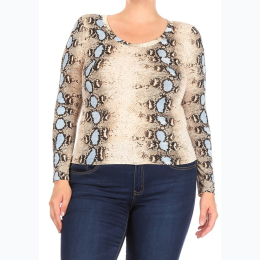 Plus Size Snakeskin Print Long Sleeve Stretchy Top