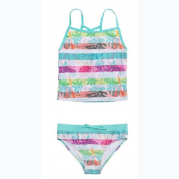 JANTZEN Girls Two-Piece Multi Color Swimsuit 4-6X - Leaf Print With Aqua Trim