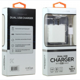 2.4A Dual 2 Port House Wall Charger 2in1 with 3FT USB Cable - White