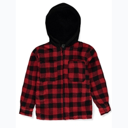 Boy's Check Plaid Flannel Sherpa Zip-up Hoodie in Red