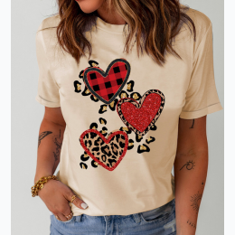 Women's Khaki Heart-shaped Leopard Sequin Print Graphic T Shirt