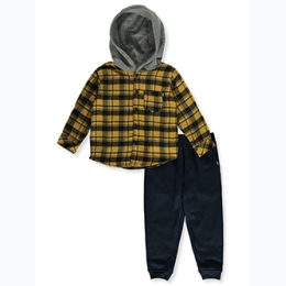 Boy's DKNY Hooded Plaid Flannel Jogger Set in Mustard