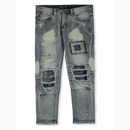 Boys Blue Cult Faded Bleach Spot Patch Ripped Moto Style Jeans in Blue Tint