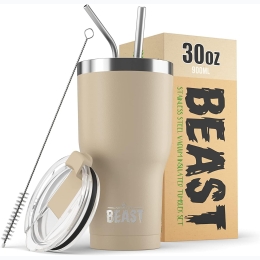 30 oz Beast Reusable Stainless Steel Double Insulated Tumbler & Straw Set in Sand