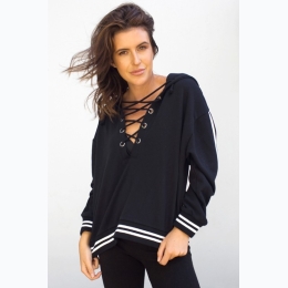 Women's Lace-Up V-Neck Arm & Trim Striped Hoodie in Black