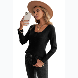 Women's Knitted 3-Button Scallop Lace Neckline Sweater - BLACK - SIZE S