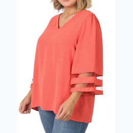 Plus Size Woven Wool Peach Mesh Panel 3/4 Bell Sleeve Top - 3 Color Options