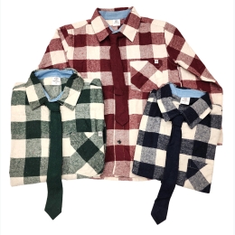 Boy's Button Down Check Flannel Shirt w/ Solid Matching Tie