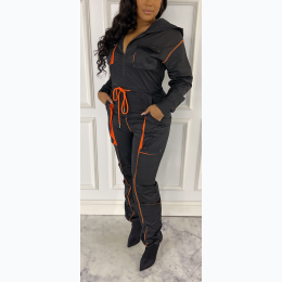 Junior's Piping Detail Hooded Utility Jumpsuit - Black Combo