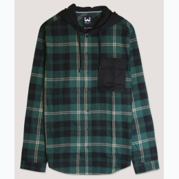 Men's Contrast Pocket Plaid Hooded Shirt in Forest Green