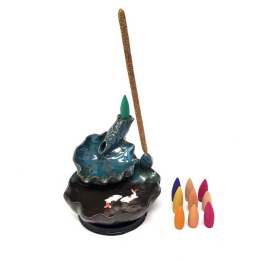 Two-Tone Lotus & Koi Ceramic Backflow Cone/Incense Burner w/ Cones - 4.5" H