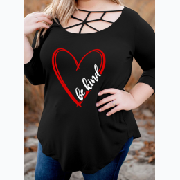 Plus & Extended Plus Size Webbed Neckline "be kind" Heart Print T Shirt