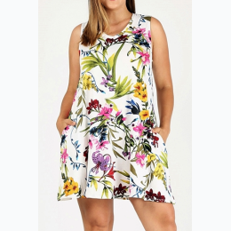 Plus Size Floral Print Long Tunic With Side Pockets - 2 Color Options