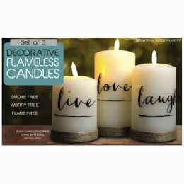 3 Piece Battery Operated Candle Set with Jute Twine at Base - live, laugh, love