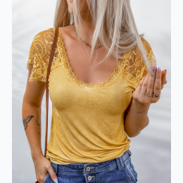Women's Yellow Lace Crochet Short Sleeve U Neck T Shirt