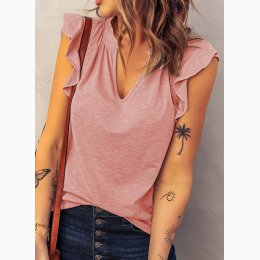 Women's Casual Solid V Neck Butterfly Sleeve Blouse in Pink