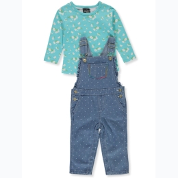 Infant Girl 2pc Blue Floral & Denim Overall Set - SIZE 24 Months