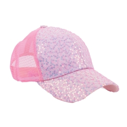 Ladies Sequin Adjustable Mesh Back Baseball Hat in Pink