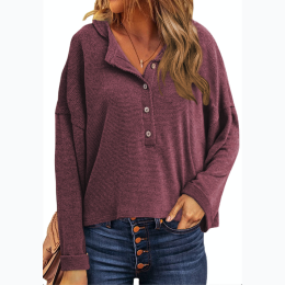 Women's Half Button Rolled Cuff Relax Fit Long Sleeve Top