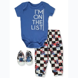 Newborn Boy I'm On The List 3pc Checkered Jogger Set w/ Bootie Shoes