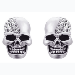 Women's Skull Design Rhinestone Stud Earrings in Silver Tone