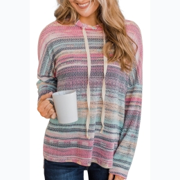 Women's Lightweight Multicolor Striped Cable Knit Drop Shoulder Hoodie