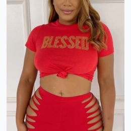 Junior's Rhinestone Blessed Front Knot T-Shirt - 2 Color Options
