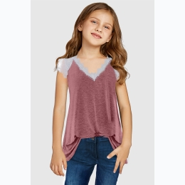 Girl's V-Neck Lace Splicing Cap Sleeve Top