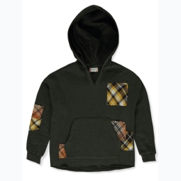 Girl's Plaid Accent Patchwork Hoodie in Olive - SIZE 16